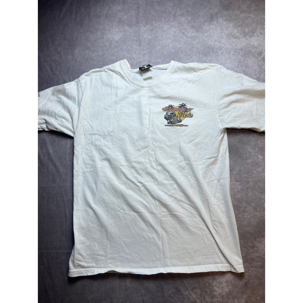 Hanes Beefy-T Midnight at the Oasis 2005 Men XL White Hot Rod Car Graphic Tee